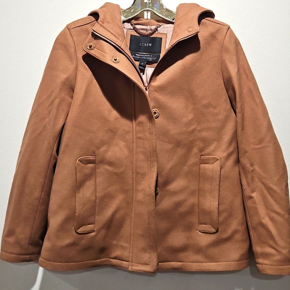 J Crew Womens Melton Wool Hooded Coat Size 2 P Neutral Camel Tan Italy Neutral